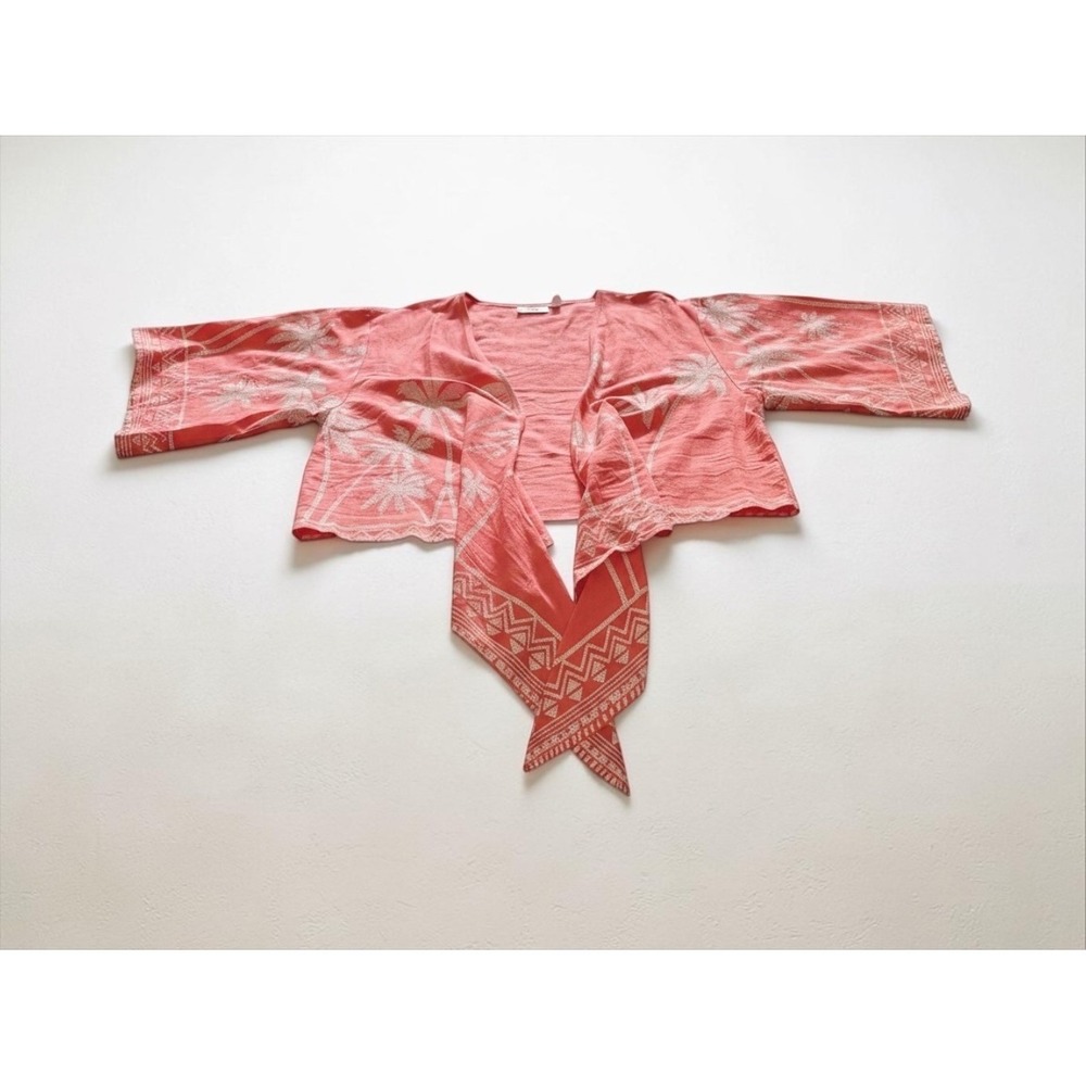Bellissima Kim Gravel Coral Pink Palm Tree Linen Blend Tie Front Top Pants SET - Picture 13 of 14